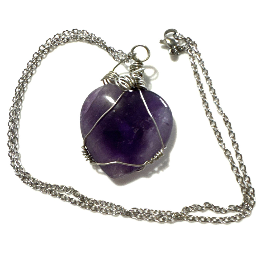 Purple Amethyst Heart Necklace Jewelry Bling Silver Tone Genuine Stone Handmade